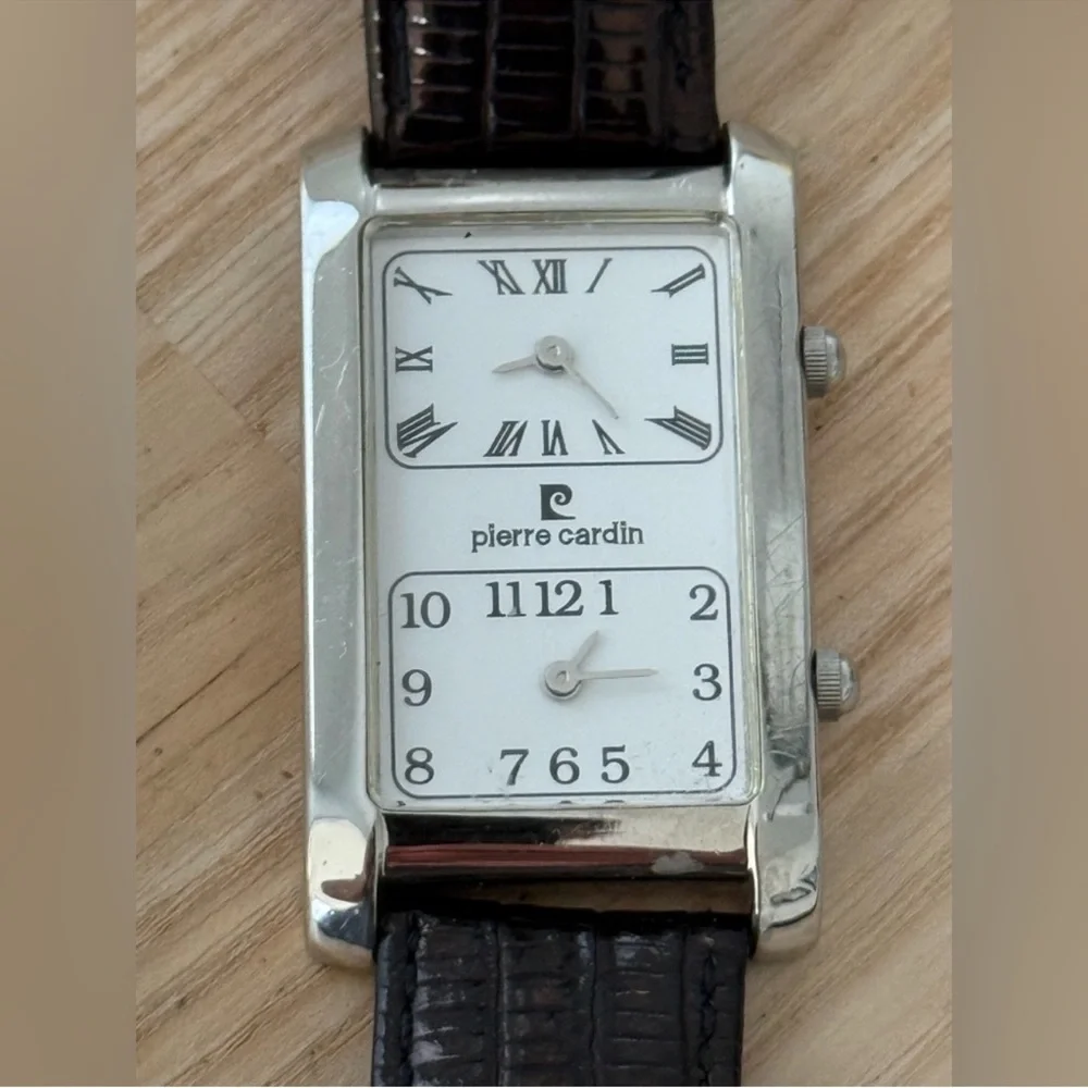 Pierre Cardin Rare Dual Dial Watch Curvex Crystal White Dial Black Leather Strap